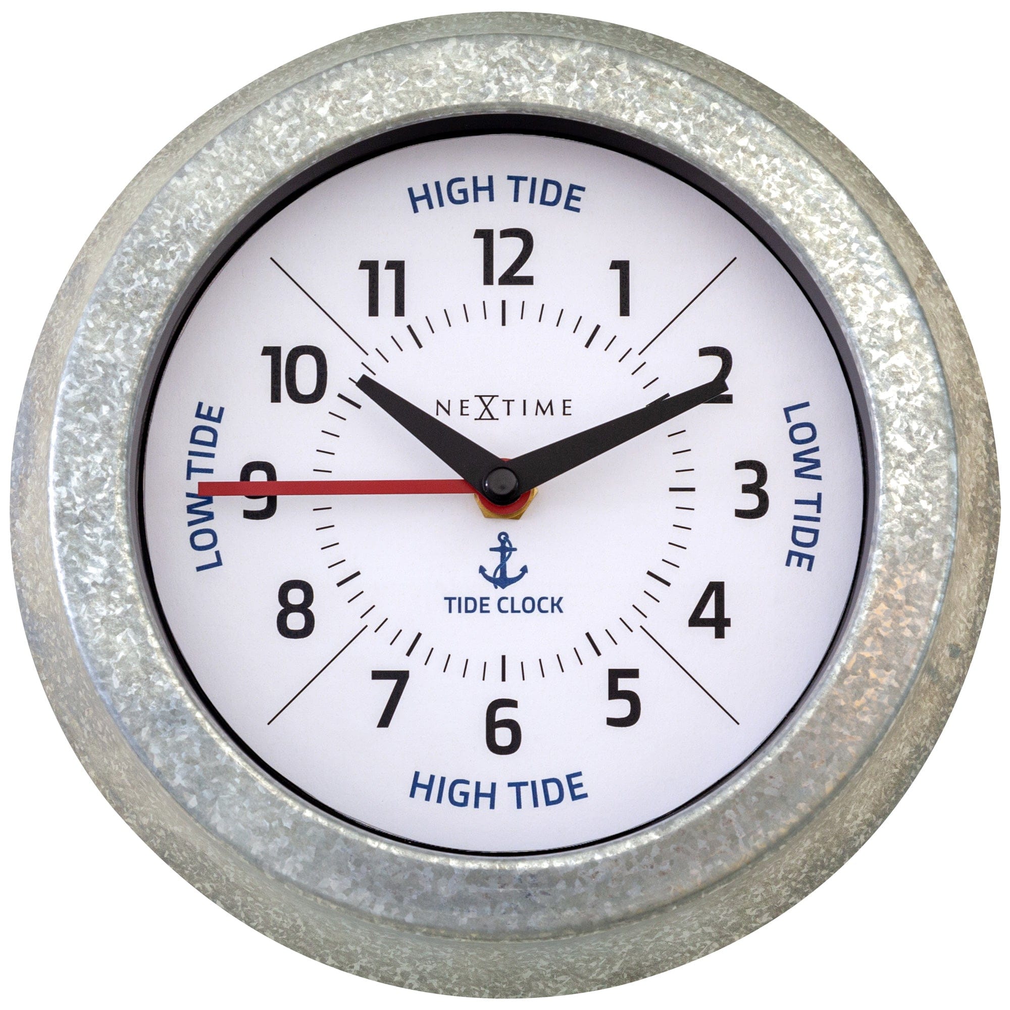 NeXtime Clocks tide wall clock with galvanized silver finish, 22cm diameter, showing tide status and time on the front.